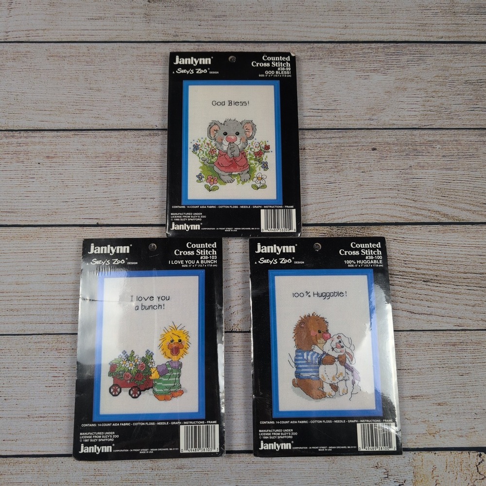 Janlynn Vintage Counted Cross Stitch Kit Lot of 3: God Bless,‎ Love You, hugs